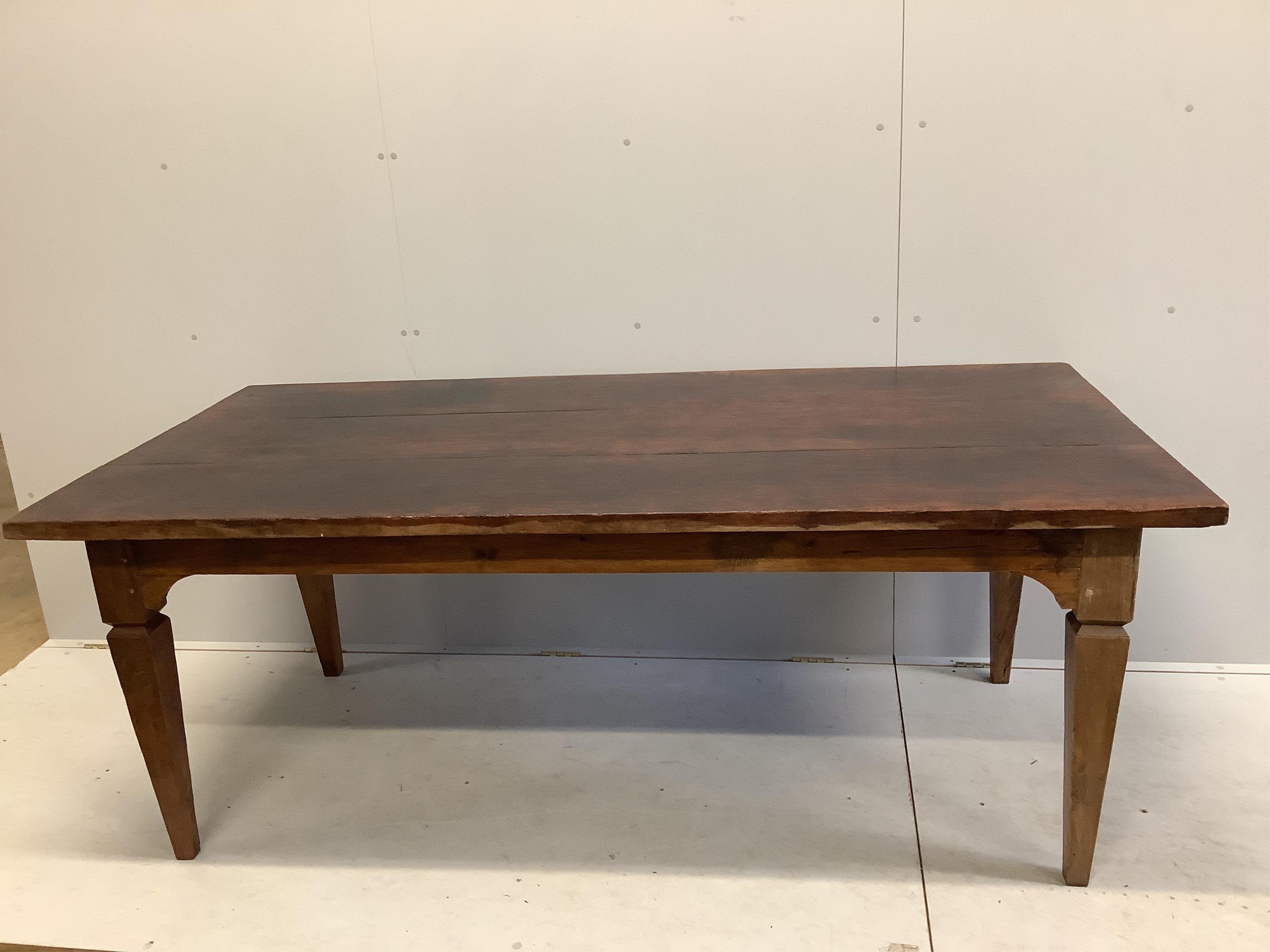 A rectangular French style hardwood dining table, width 205cm, depth 98cm, height 78cm. Condition - fair to good